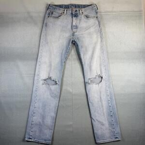 Levis 501 Jeans Mens 32x34 Blue Light Wash Straight Leg Distressed Denim